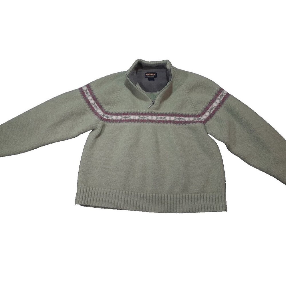 WOOLRICH Sweater Women’s Large Green Kiwi Quarter Zip Fair Isle Wool